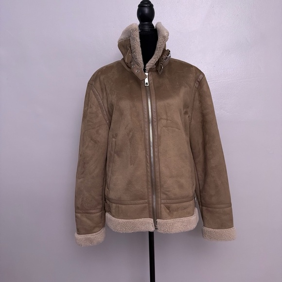 Zara Suede Moto Jacket Faux Fur Lined Medium M Women’s Biker - Picture 2 of 10